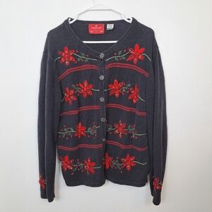 Holiday Lodge Black Red Holly Flowers Christmas Vintage Cardigan Sweater Size L